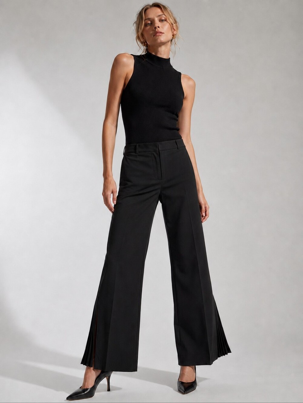 ❤️ VOTRE NOM HIGH RISE PLEATED FLARE HEM PANTS, BLACK, 12 (31)